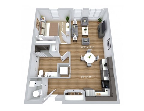 Floor plan for 1 bed, 1 bath, 788 sqft